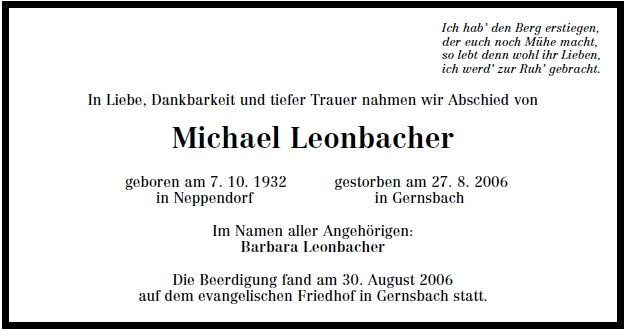 Leonbacher Michael 1932-2006 Todesanzeige